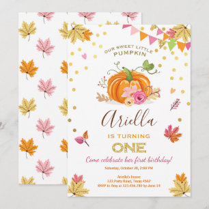 Pumpkin First birthday invitation Autumn Fall Pink