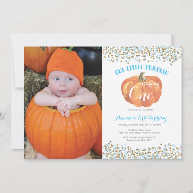 Pumpkin First Birthday Invitation Blue and Gold (Front)