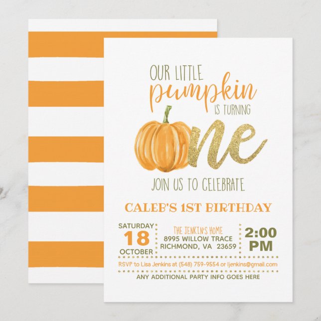 Pumpkin First Birthday Invitation - Boy (Front/Back)