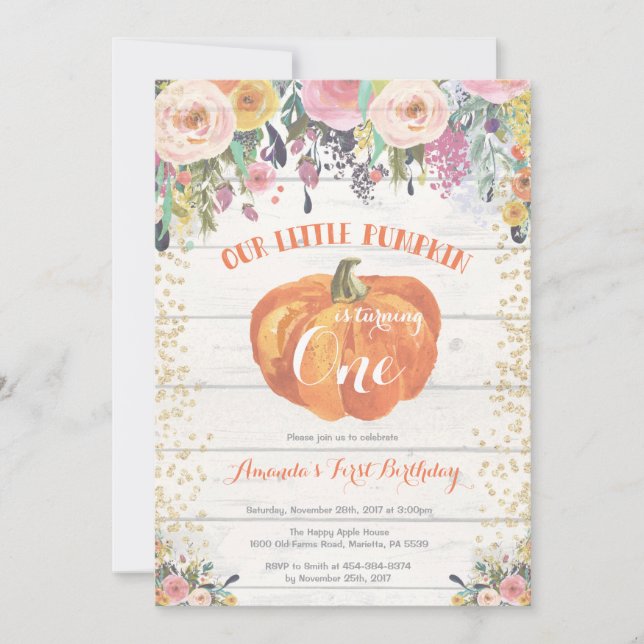 Pumpkin First Birthday Invitation Floral Gold (Front)