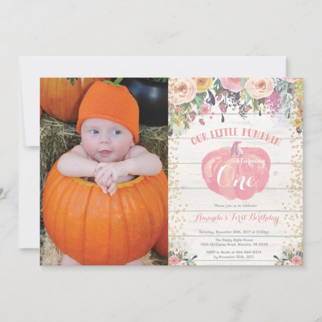 Pumpkin First Birthday Invitation Floral Gold (Front)