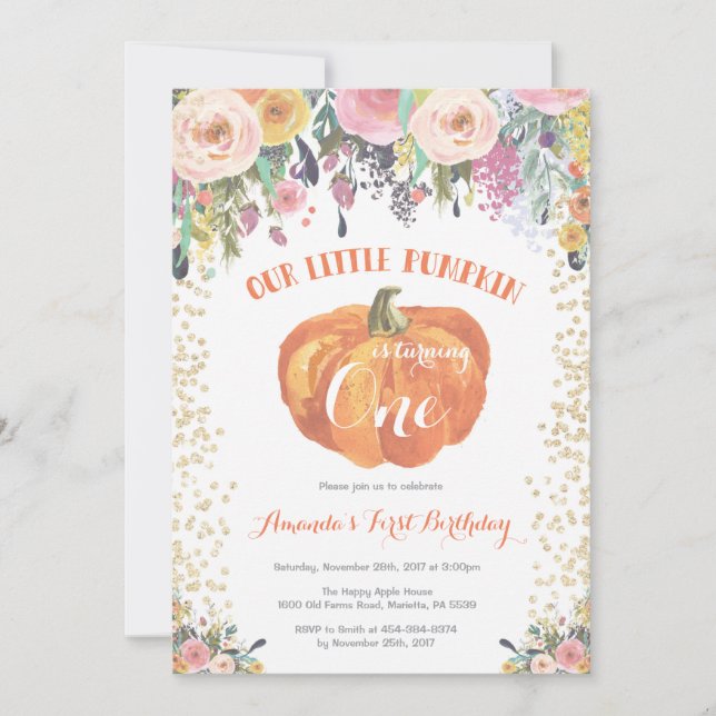 Pumpkin First Birthday Invitation Floral Gold (Front)