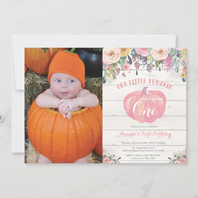 Pumpkin First Birthday Invitation Floral Rustic (Front)