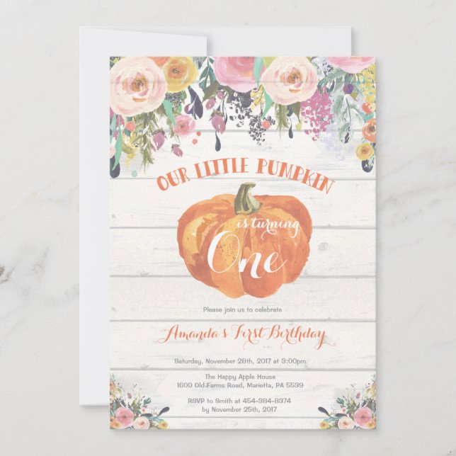 Pumpkin First Birthday Invitation Floral Rustic (Front)
