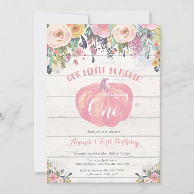 Pumpkin First Birthday Invitation Floral Rustic (Front)
