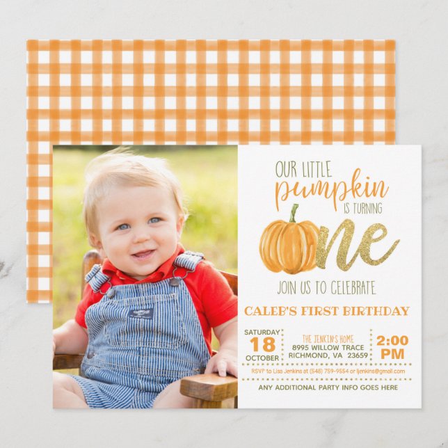 Pumpkin First Birthday Invitation for Boy w/Photo (Front/Back)