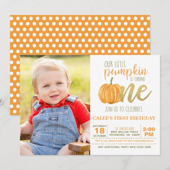 Pumpkin First Birthday Invitation for Boy w/Photo (Front/Back)
