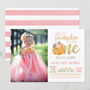 Pumpkin First Birthday Invitation for Girl w/Photo