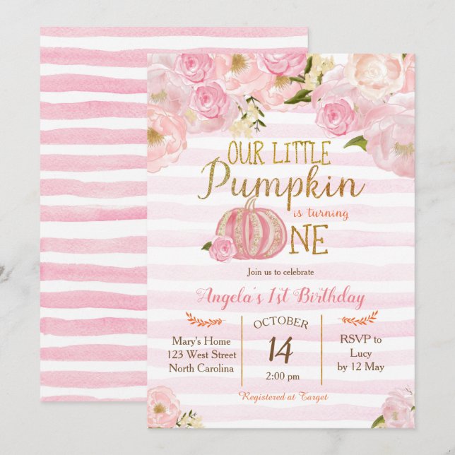 Pumpkin First Birthday Invitation Girl (Front/Back)