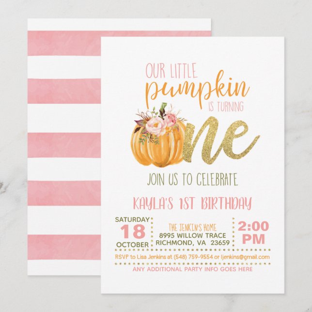 Pumpkin First Birthday Invitation - Girl (Front/Back)