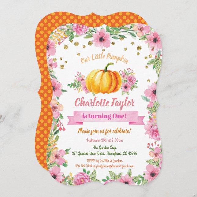 Pumpkin first birthday invitation girl floral (Front/Back)