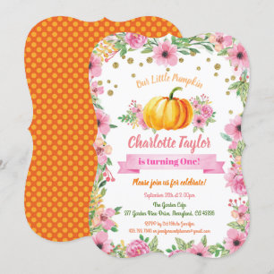 Pumpkin first birthday invitation girl floral