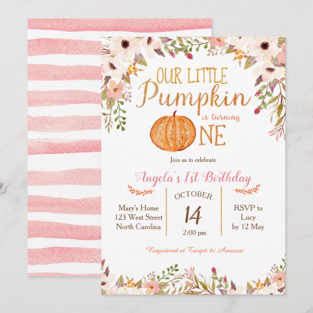 Pumpkin First Birthday Invitation Gold Glitter (Front/Back)