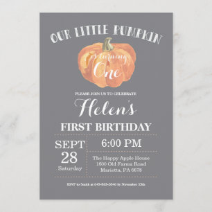 Pumpkin First Birthday Invitation Grey
