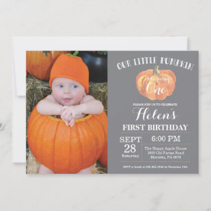 Pumpkin First Birthday Invitation Grey