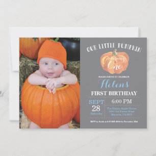 Pumpkin First Birthday Invitation Grey and Blue