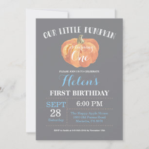 Pumpkin First Birthday Invitation Grey and Blue