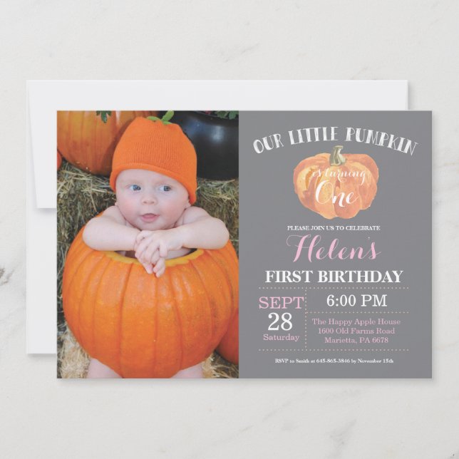 Pumpkin First Birthday Invitation Grey and Pink (Front)