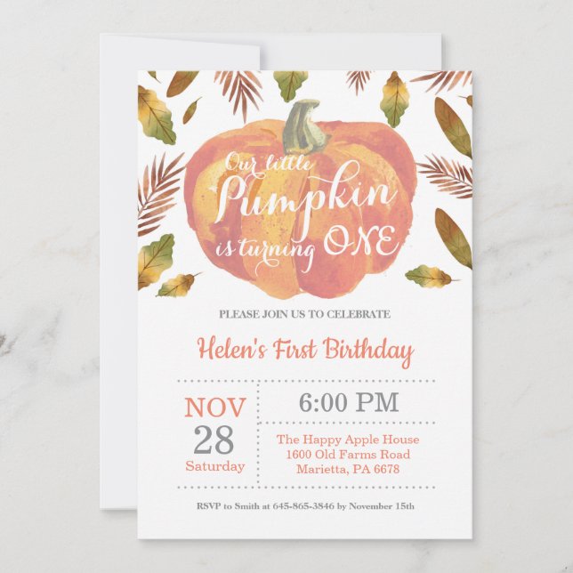 Pumpkin First Birthday Invitation Orange (Front)