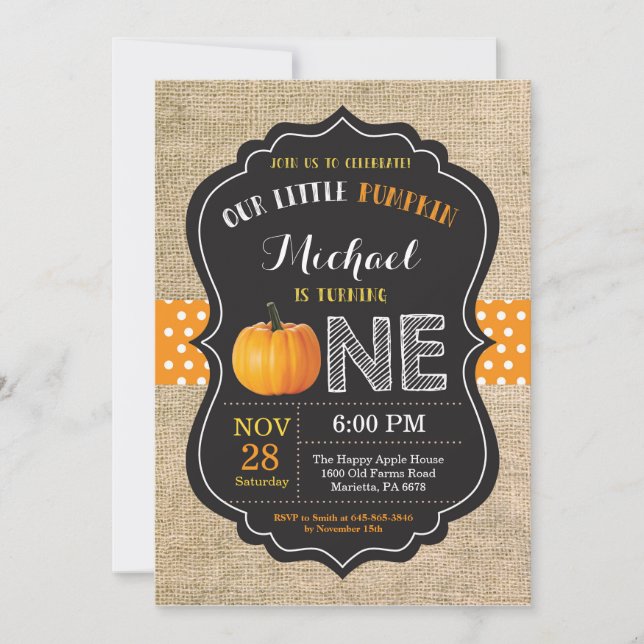 Pumpkin First Birthday Invitation Orange Burlap (Front)