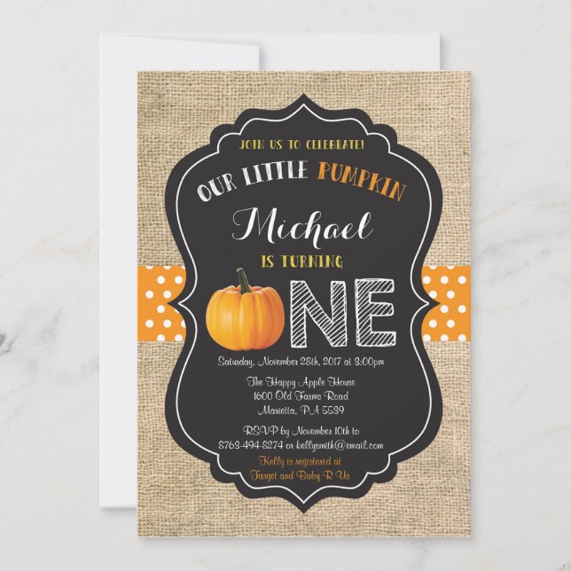 Pumpkin First Birthday Invitation Orange Burlap (Front)