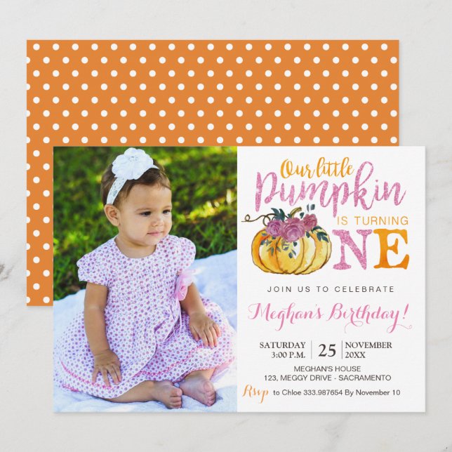Pumpkin first birthday invitation photo card (Front/Back)