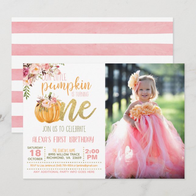 Pumpkin First Birthday Invitation Photo - FLS Girl (Front/Back)
