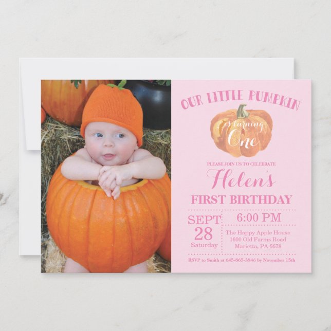Pumpkin First Birthday Invitation Pink (Front)