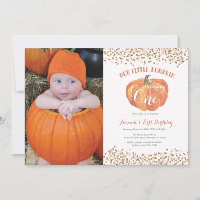 Pumpkin First Birthday Invitation Pink and Gold (Front)