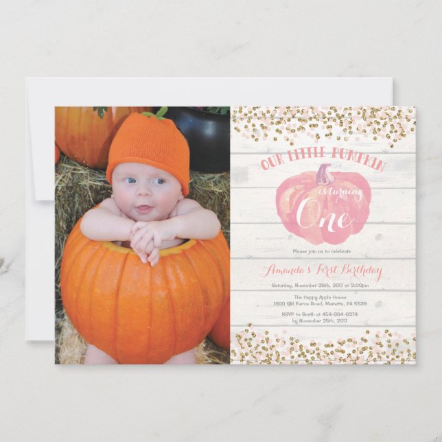 Pumpkin First Birthday Invitation Pink and Gold (Front)