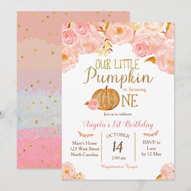 Pumpkin First Birthday Invitation Pink Peach (Front/Back)