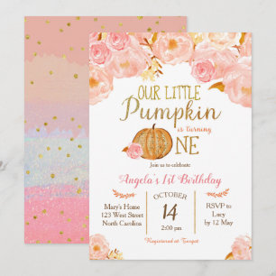 Pumpkin First Birthday Invitation Pink Peach