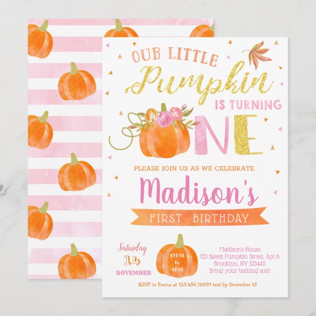 Pumpkin First Birthday Invitations Autumn Fall (Front/Back)