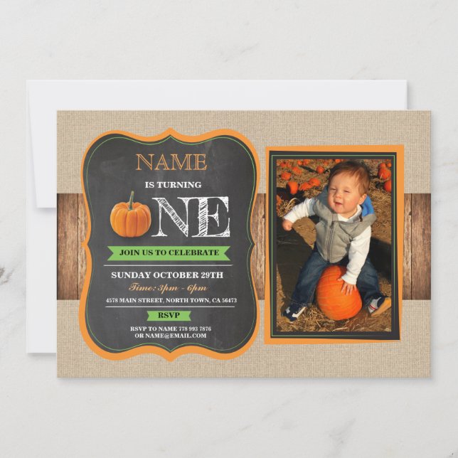 Pumpkin First Birthday Invite 1st Party Photo ONE (Front)