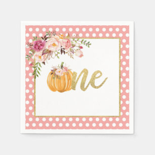 Pumpkin First Birthday Napkin - Floral Pink Dots