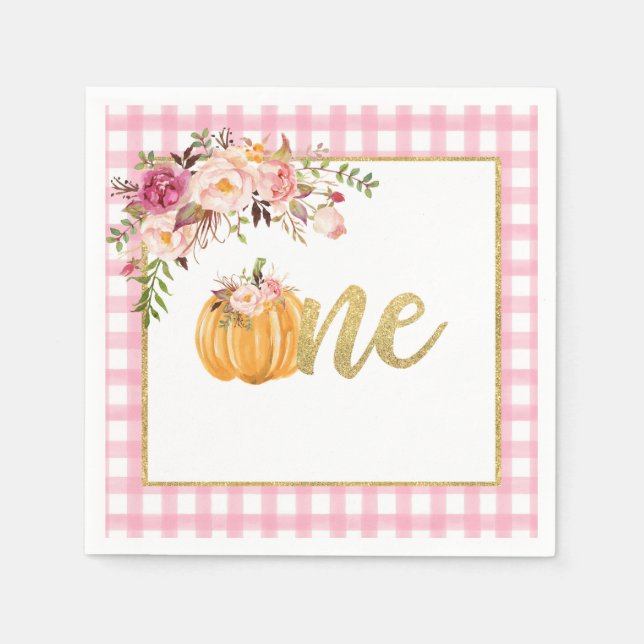 Pumpkin First Birthday Napkin - Floral Pink Plaid (Front)
