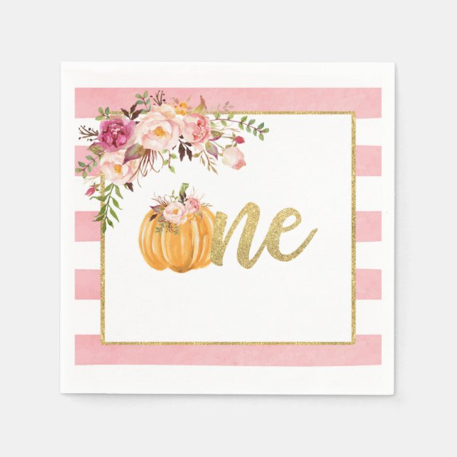 Pumpkin First Birthday Napkin - Floral Pink Stripe (Front)