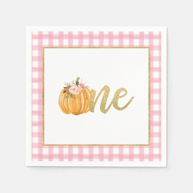 Pumpkin First Birthday Napkin - Girl Pink Plaid (Front)