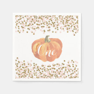 Pumpkin First Birthday Orange Pink Gold Glitter Napkin