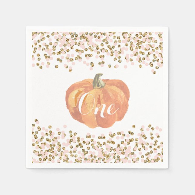 Pumpkin First Birthday Orange Pink Gold Glitter Napkin (Front)