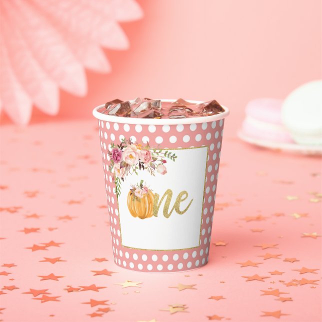 Pumpkin First Birthday Paper Cup - Floral Pink Dot (Insitu)