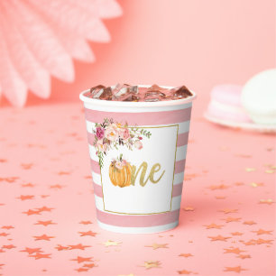 Pumpkin First Birthday Paper Cup - Floral Pink Str