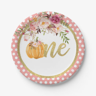 Pumpkin First Birthday Paper Plate - Floral Dots