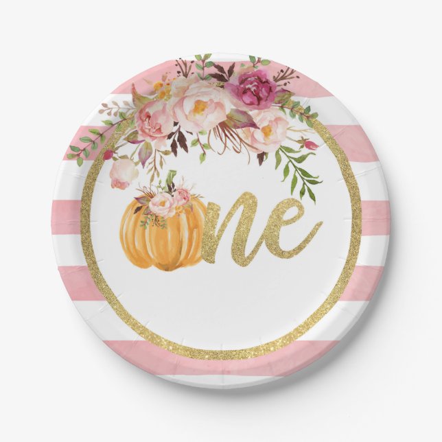 Pumpkin First Birthday Paper Plate - Floral Stripe (Front)
