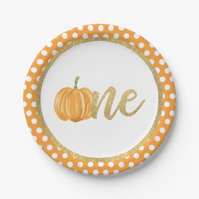 Pumpkin First Birthday Paper Plate - Orange Dots (Front)