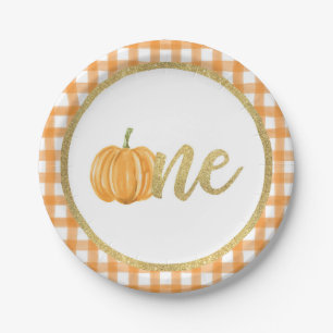 Pumpkin First Birthday Paper Plate - Orange Plaid