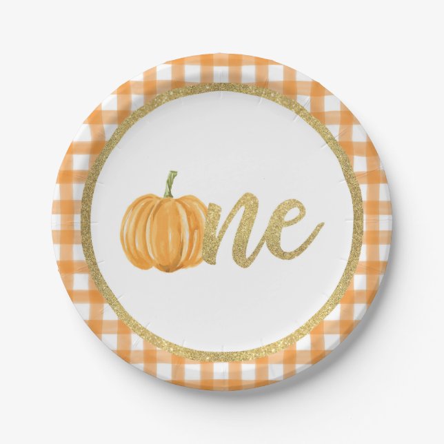 Pumpkin First Birthday Paper Plate - Orange Plaid (Front)