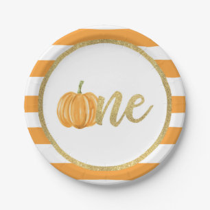 Pumpkin First Birthday Paper Plate - Orange Stripe