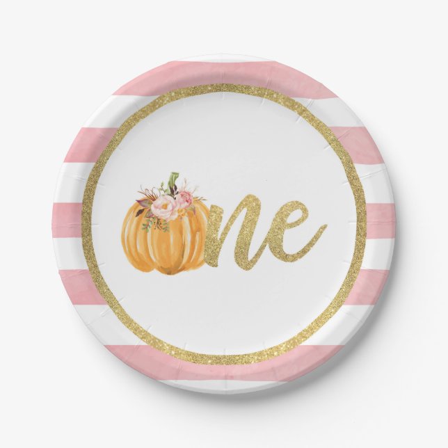 Pumpkin First Birthday Paper Plate - Pink Stripes (Front)