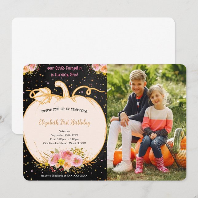 Pumpkin First Birthday Photo Invitation (Front/Back)
